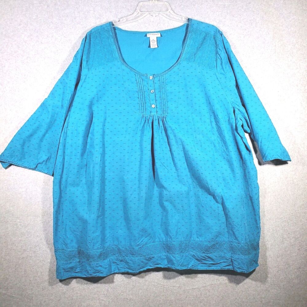 Catherines Plus Size 4X Top Blue Textured Henley Lace Shoulder Blouse 30/32W